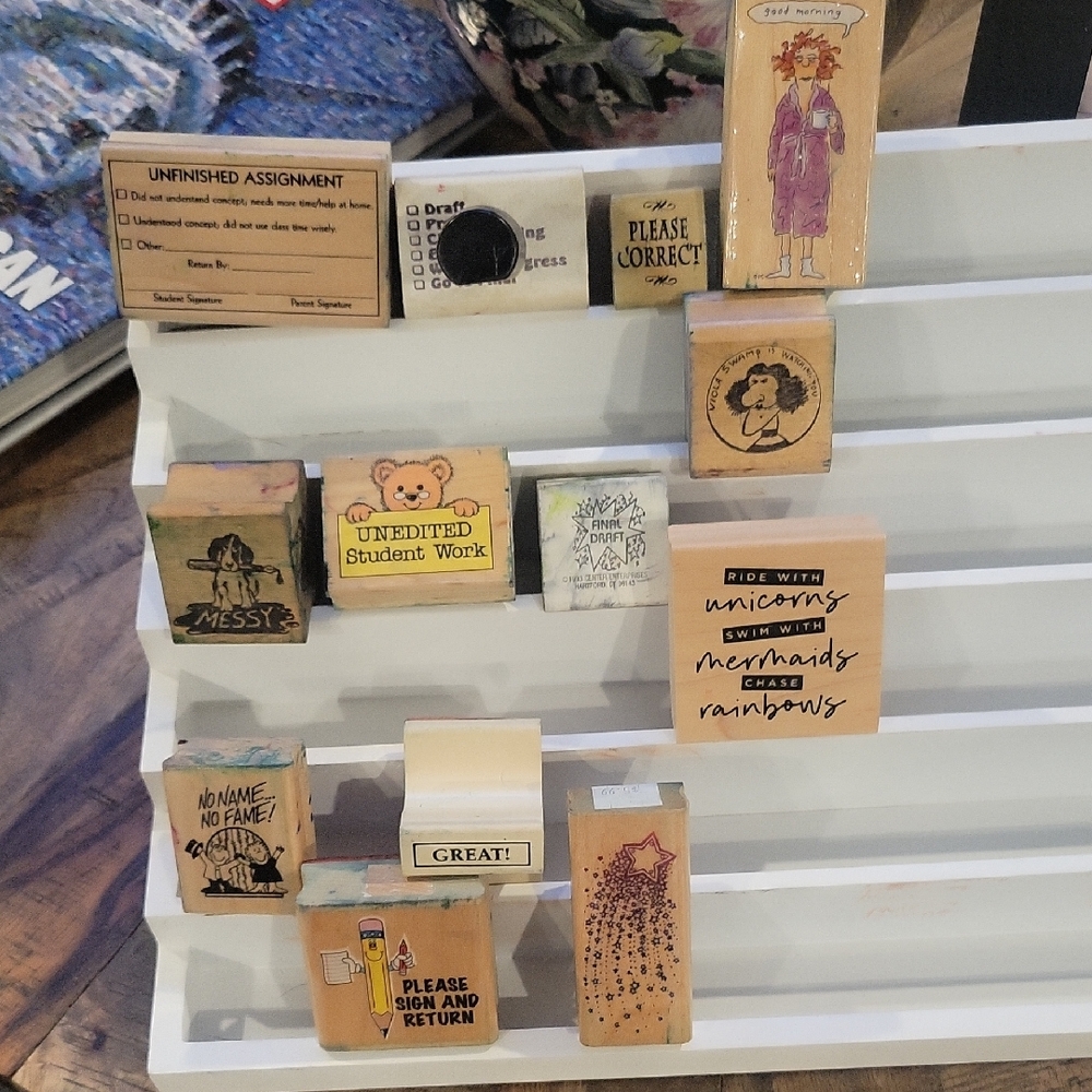 Lot of  13 Vintage Teacher Wooden Rubber Stamps Classroom‎ Tools